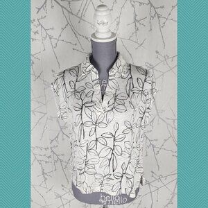 Cynthia Rowley White Leaves Print 100% Linen Collared V-Neck Tee